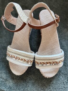 Neutral Woven Wedge Sandals with Brown Ankle Strap